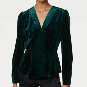 Marks & Spencer Holiday Velvet Evergreen Peplum Blouse Festive Romantic NWT